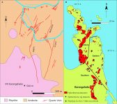 Map of Karangahake deposit, with simplified local geology. B) Reference map for the location of the Karangahake deposit relative to the Coromandel Peninsula, North Island, New Zealand. Known epithermal Au-Ag deposits and their respective alteration haloes are shown. Modified from Christie et al., 2007.